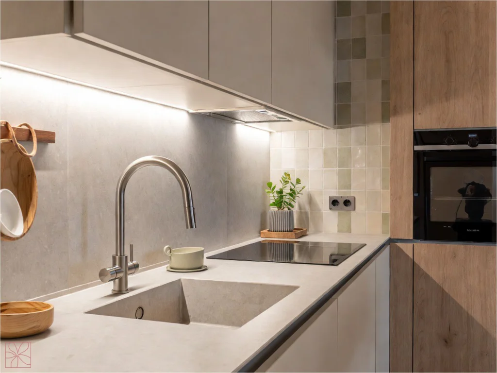 Encimera de reforma de cocina pequeña con muebles a medida de cocina en Santander. Mokara Estudio