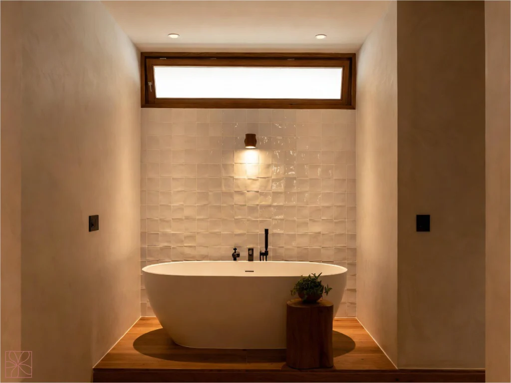 Tendencias azulejos baño 2026: Combinacion de azulejos para baños pequeños y en colores ocre.